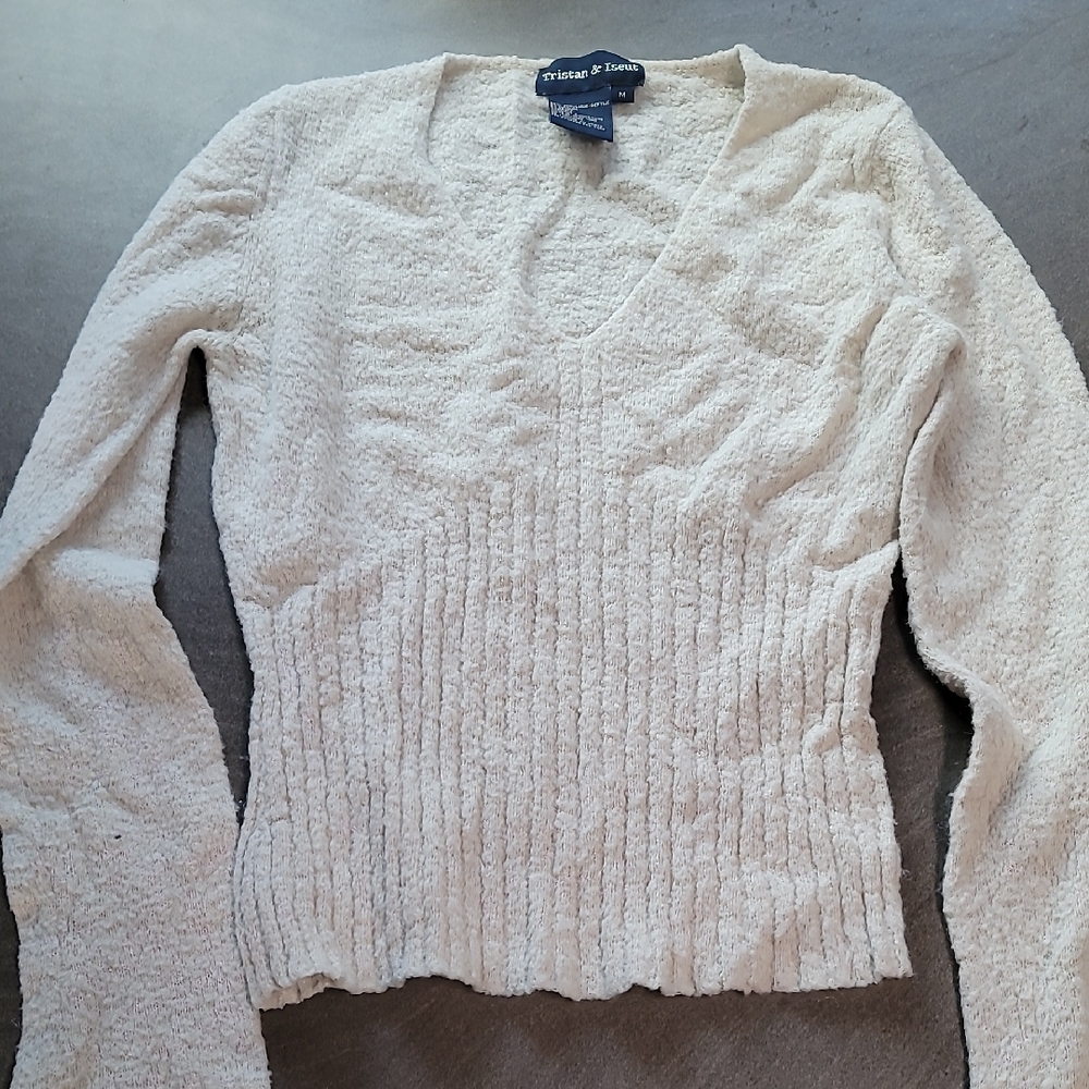 Cream V-Neck Sweater with Ribbed Texture